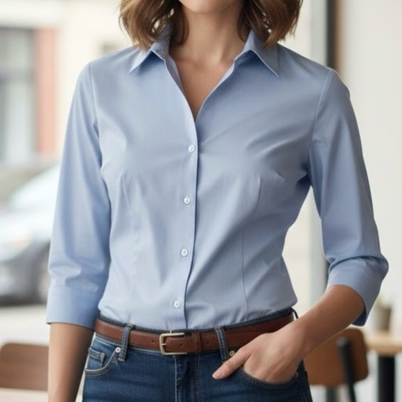 Anne Klein Tops - Anne Klein Non-Iron Light Blue White Button Down Business Office Chic Casual